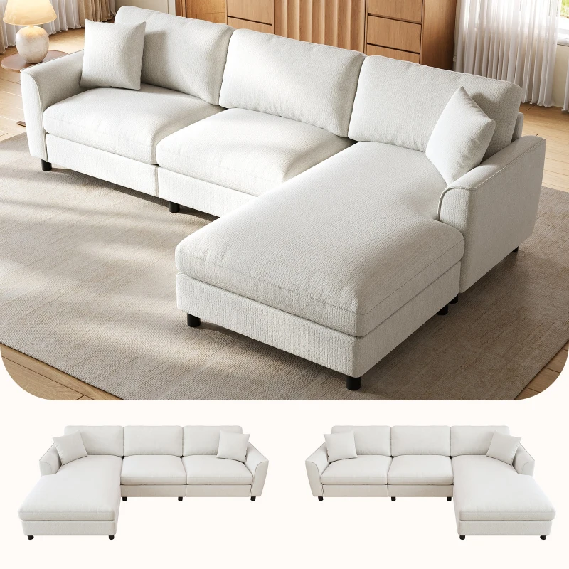 Modern L-Shaped Sectional Sofa with Reversible Chaise Lounge, Modular Corner Couch with Extra‑Wide Chaise Seat, 256L x 137W x 79H cm, Beige