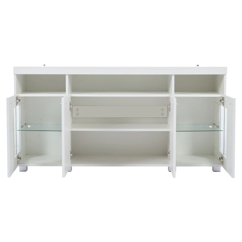 High-Gloss Sideboard with Bluetooth LED Lighting, Modern Storage Cabinet with 3-Tier Tempered Glass Shelves, 140L x 40W x 70H cm, White