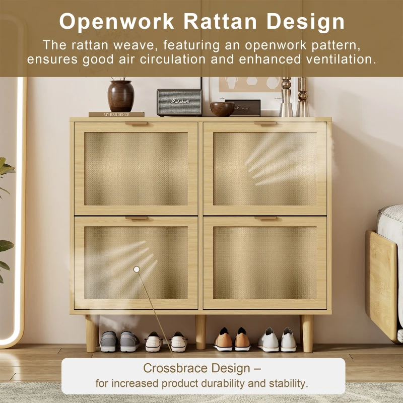 Modern Rattan Shoe Cabinet with 4 Flip Drawers, Space-Saving Storage Organiser Cupboard with Adjustable Shelves, 100L x 25W x 90.5H cm, Light Oak