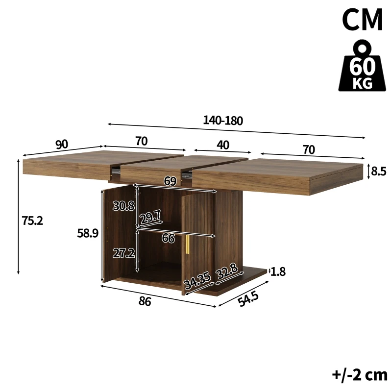 Extendable Dining Table with Integrated Storage, Space-Saving Kitchen Table with Grooved Doors and Shelves, 140-180L x 90W x 75H cm, Walnut