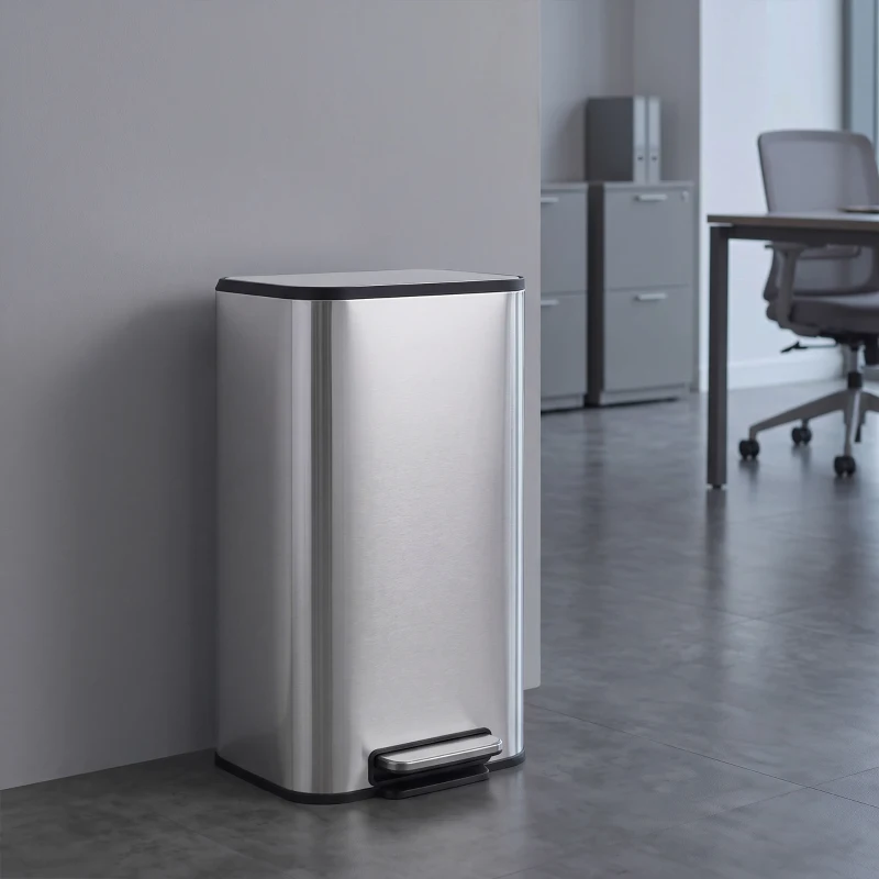 HOMCOM Papelera de cocina rectangular 30L en acero inoxidable, cierre amortiguado, cubo interior extraíble, Plata