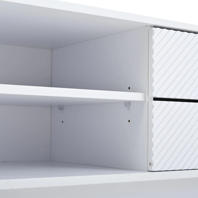 Modern Minimalist TV Cabinet with Cable Management, Sideboard with 2 Doors, 2 Drawers and 1 Open Shelf, 200L x 40W x 50.5H cm, White