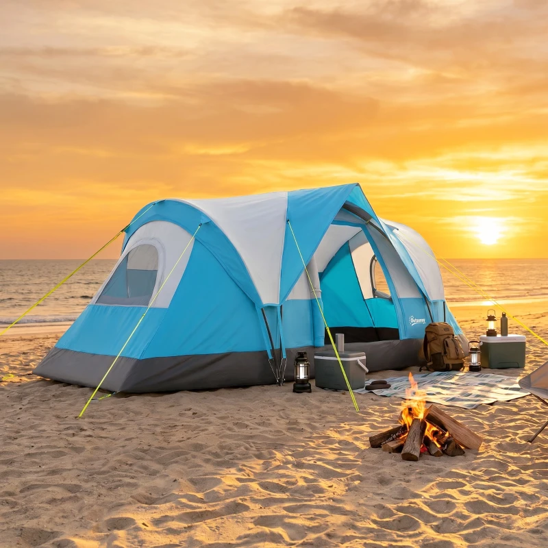 Outsunny 5 Man Camping Tent, Large Tunnel Tent, Water Resistant Hiking Shelter with Groundsheet and Carry Bag, Light Blue