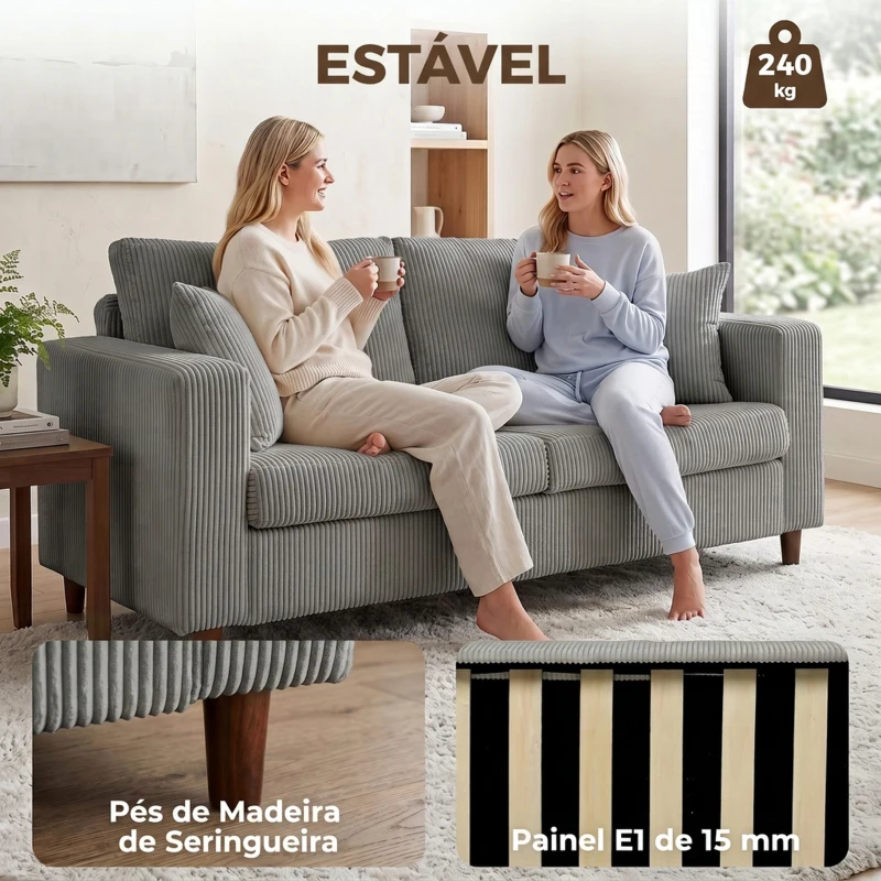 HOMCOM Sofá de 2 Lugares em Bombazina com Assento Largo e Profundo e Pés de Madeira 170x80x82 cm Cinzento-claro