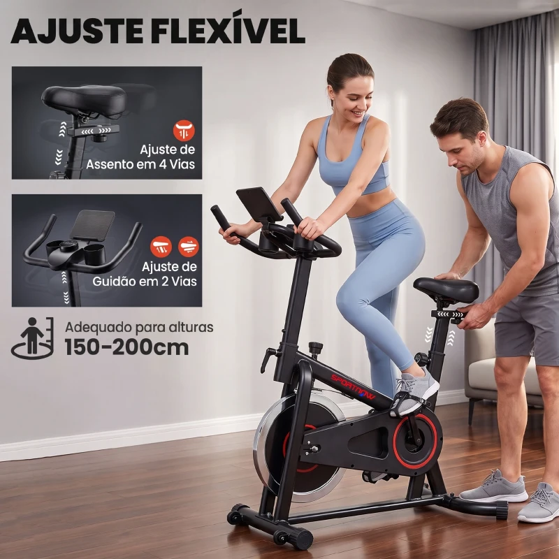 SPORTNOW Bicicleta Estática para Casa com Bluetooth, Volante de Inércia de 6 kg, Ecrã LCD, Assento e Guiador Ajustáveis, Suporte para Telemóvel