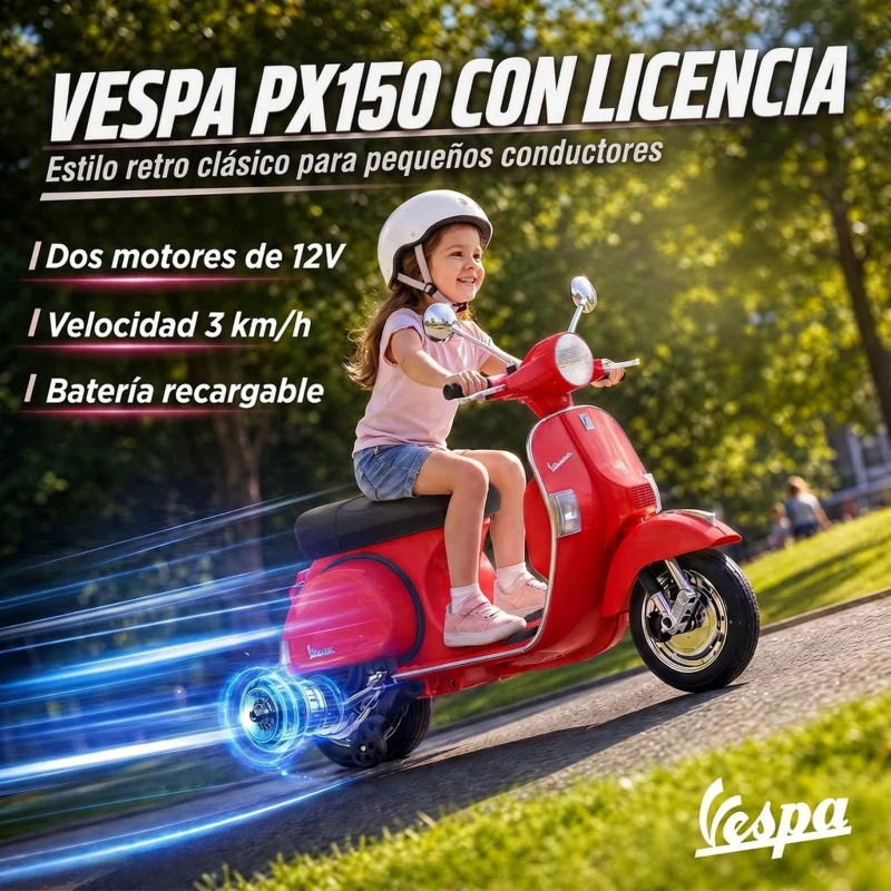 AIYAPLAY Moto Eléctrica Niños 12V Vespa PX150 Ruedas Auxiliares 2 Motores Suspensión Trasera Música Faros 3 km/h 3-6 Años Rojo