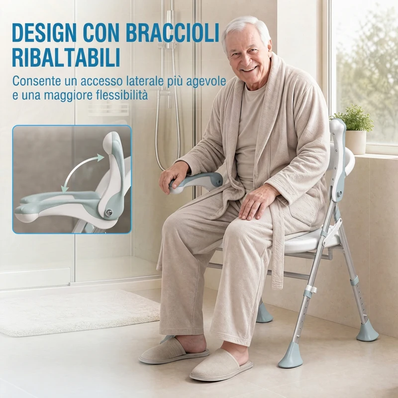HOMCOM Sedia Doccia Pieghevole con Braccioli Ribaltabili, Sgabello Regolabile in Altezza, Senza Attrezzi, 136 kg