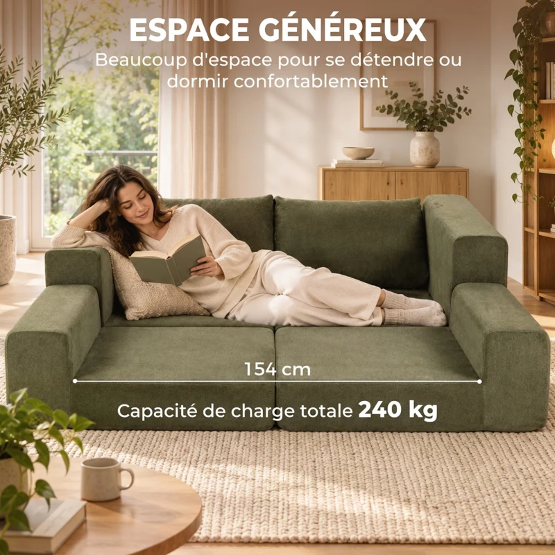 HOMCOM Canapé Convertible 2 Places 4 en 1, Canapé-Lit Compressé en Chenille 208 cm avec Assise Large, 2 Oreillers, Vert