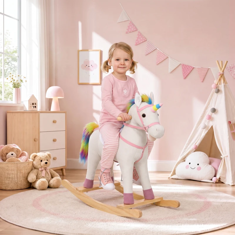AIYAPLAY Caballito Balancín para Bebés Diseño Unicornio con Sonido Caballo Balancín Base de Madera para Niños 1-3 Años Crema