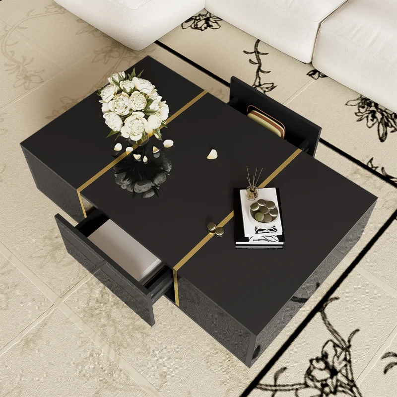 High-Gloss Coffee Table with Two Drawers and 19.5 cm Clearance, Modern Center Table for Living Room, 100L x 60W x 41.5H cm, Black+Gold