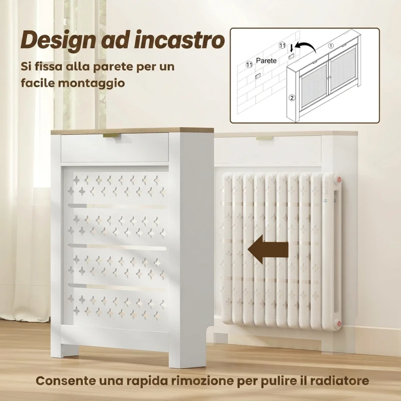 HOMCOM Copritermosifoni con Cassetto a Ribalta, Motivo a Croce per Soggiorno, Corridoio, Ufficio, Bianco
