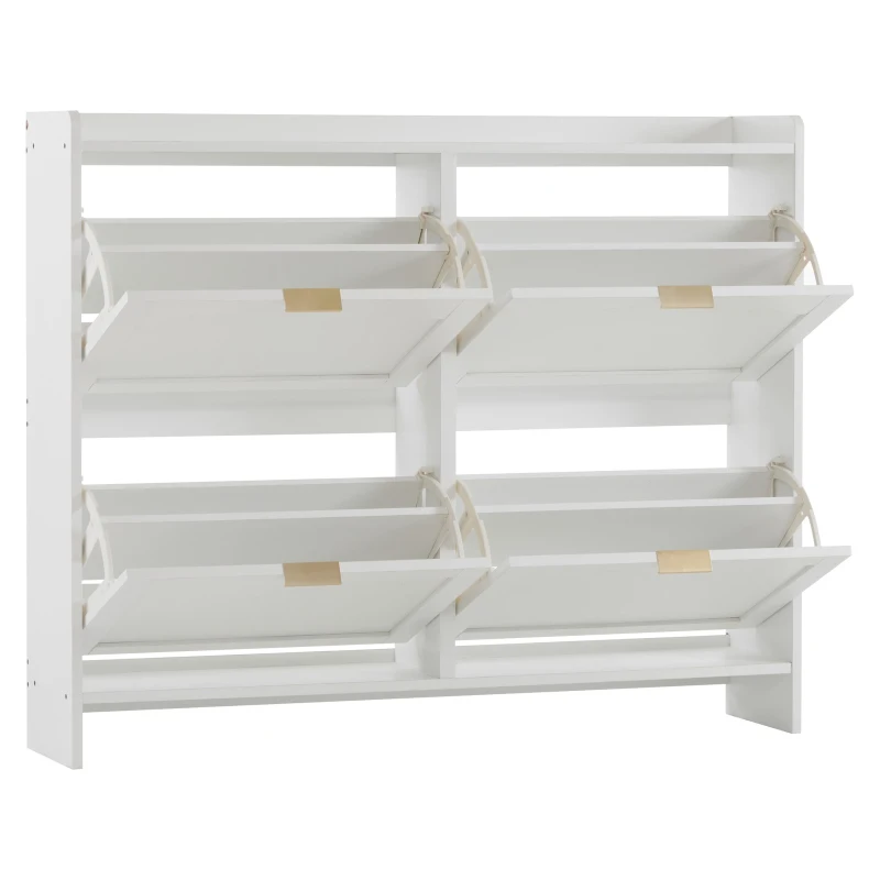 Modern Wooden Shoe Cabinet with 4 Flip Drawers and Open Shelves, Space-Saving Organiser Cupboard for Hallway, 110L x 24W x 90H cm, White