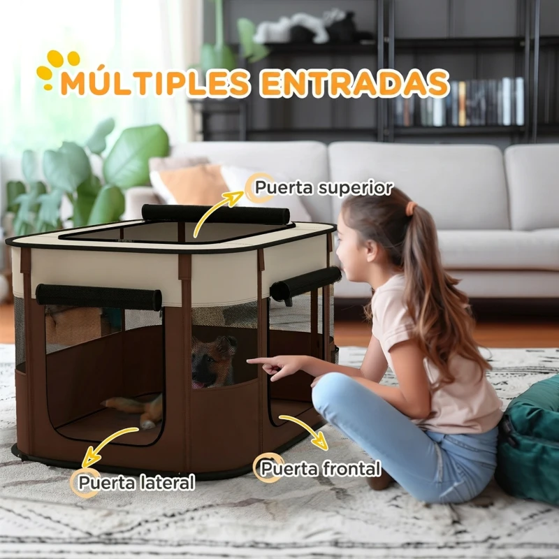 PawHut Parque para Perros y Gatos, Corralito Plegable Portátil para Cachorros Conejos y Cobayas Tela Oxford 84x64x53 cm Marrón