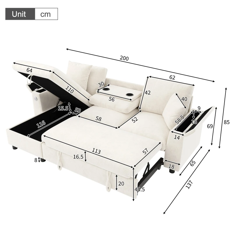 L-Shaped Sofa Bed with USB/USB-C Ports and Pull-Out Sleeper, Soft Reversible Corner Couch with Hidden Chaise Storage, 200L x 137W x 85H cm, Beige