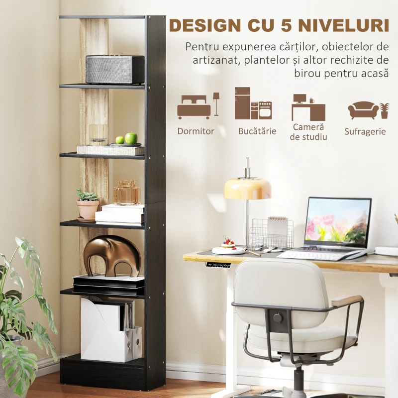 HOMCOM Bibliotecă Modernă cu 5 Rafturi din Lemn, 45 x 21 x 170 cm, Negru, Stejar