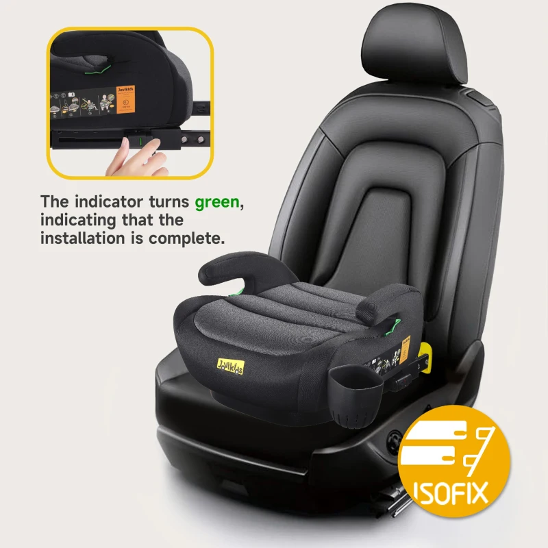 I-Size Booster Seat with ISOFIX and ECE R129, Car Seat with Washable Cover and Cup Holder for Children 125-150 cm, 40L x 42W x 17H cm, Black