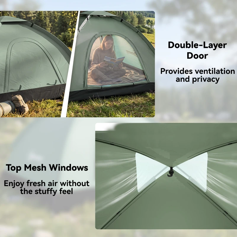 Outsunny 2 Person Camping Tent, Camouflage Tent with Zipped Doors, Storage Pocket, Portable Handy Bag, Dark Green