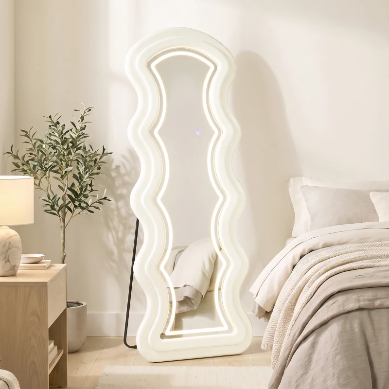 HOMCOM Miroir Pleine Longueur Ondulé 160 x 60 cm, LED 3 Couleurs, Cadre Effet Velours, Verre Trempé HD, Crème