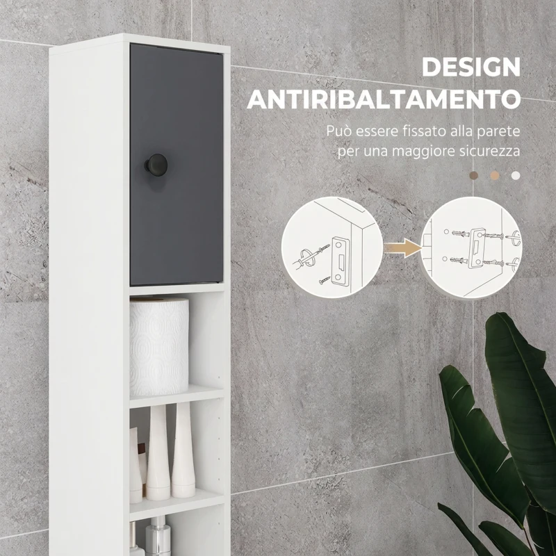 kleankin Mobile Colonna Bagno con Cassetto, 2 Armadietti e 4 Ripiani Aperti, in Legno, 20x20x180 cm, Grigio Bianco