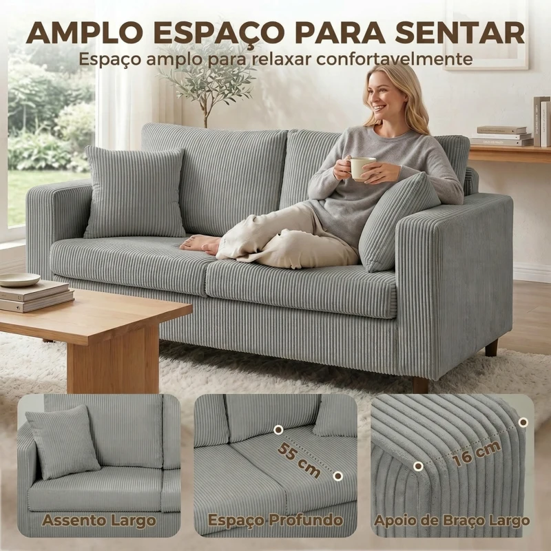 HOMCOM Sofá de 2 Lugares em Bombazina com Assento Largo e Profundo e Pés de Madeira 170x80x82 cm Cinzento-claro