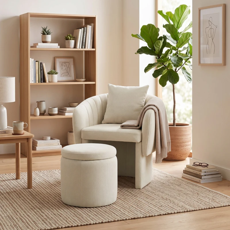 HOMCOM Relaxsessel mit Hocker Loungesessel mit Geschwungene Rückenlehne, Armlehnen, Nordischer Chenille Gepolstert Beige