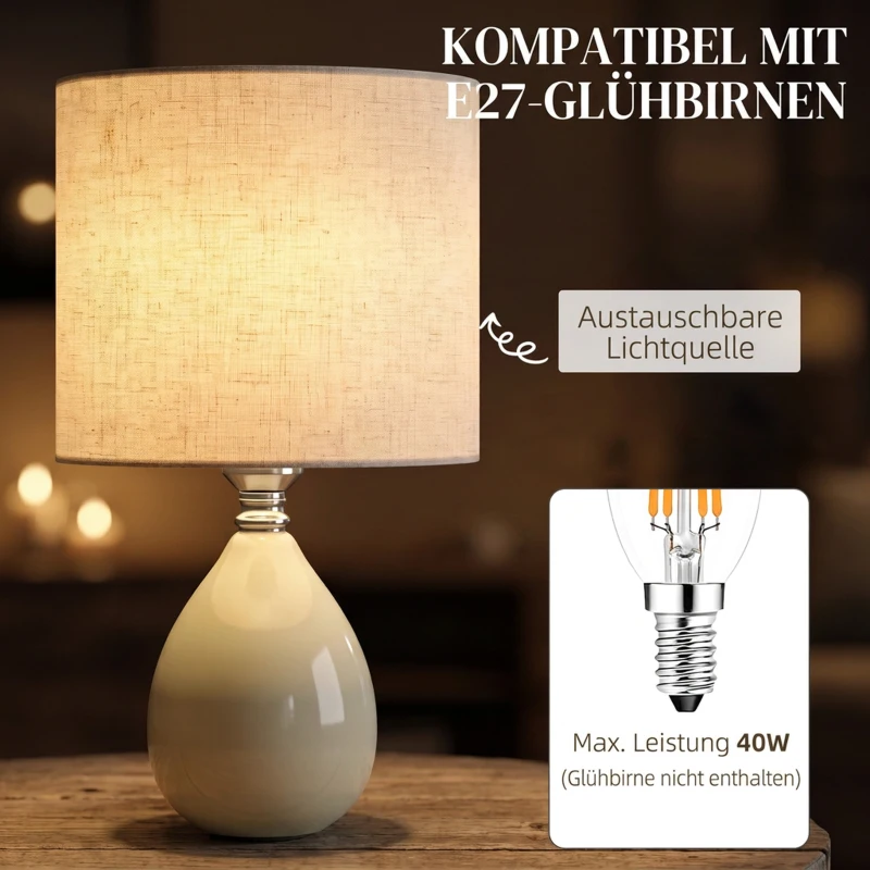 HOMCOM Tischlampe Tischleuchte, Vintage Nachttischlampe Schreibtischlampe mit Keramiksockel, Leinenschirm Kabel, E27 Fassung