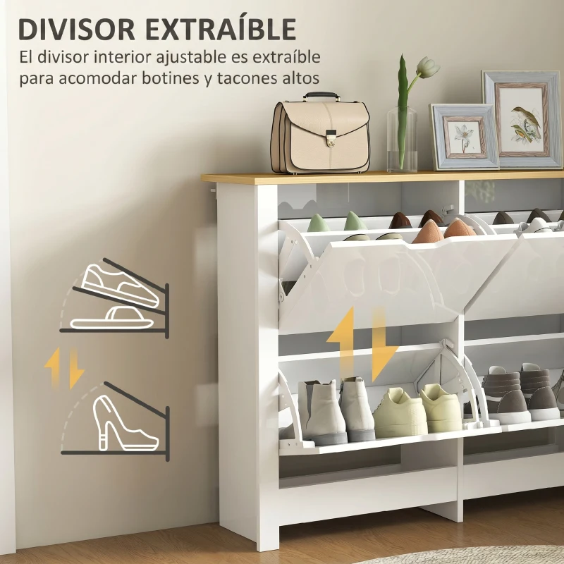 HOMCOM Zapatero Estrecho con 4 Cajones Abatibles Estantes Ajustables para 16 Pares de Zapatos 105x26x80 cm Blanco