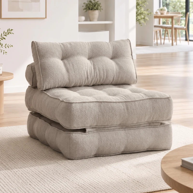 HOMCOM Fauteuil-lit 1 place convertible 3 en 1 fauteuil bas pliable fauteuil-lit en lin avec 2 coussins rembourrage crème