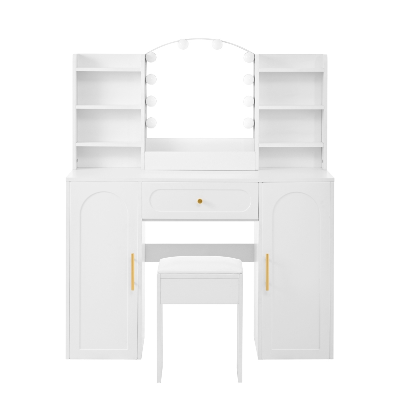 Modern Vanity Desk with Padded Stool and 2 Storage Cabinets, Makeup Dressing Table with Adjustable LED Mirror, 110L x 40W x 132H cm, White