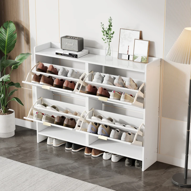 Modern Wooden Shoe Cabinet with 4 Flip Drawers and Open Shelves, Space-Saving Organiser Cupboard for Hallway, 110L x 24W x 90H cm, White