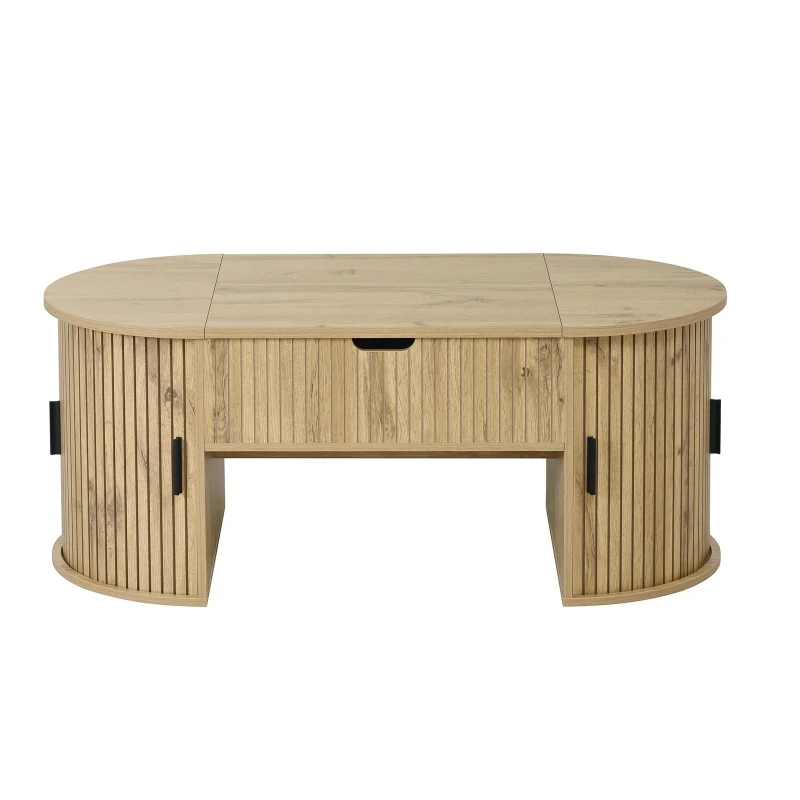 Modern Height-Adjustable Coffee Table with Storage and Sliding Doors, Space-Saving Storage Table for Apartments, 100L x 50W x 40.5H cm, Wood