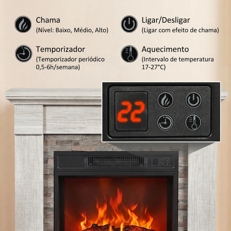 HOMCOM Lareira Elétrica Decorativa 1800 W com Efeito de Chama de 3 Níveis Termóstato Temporizador e Comando Madeira Natural