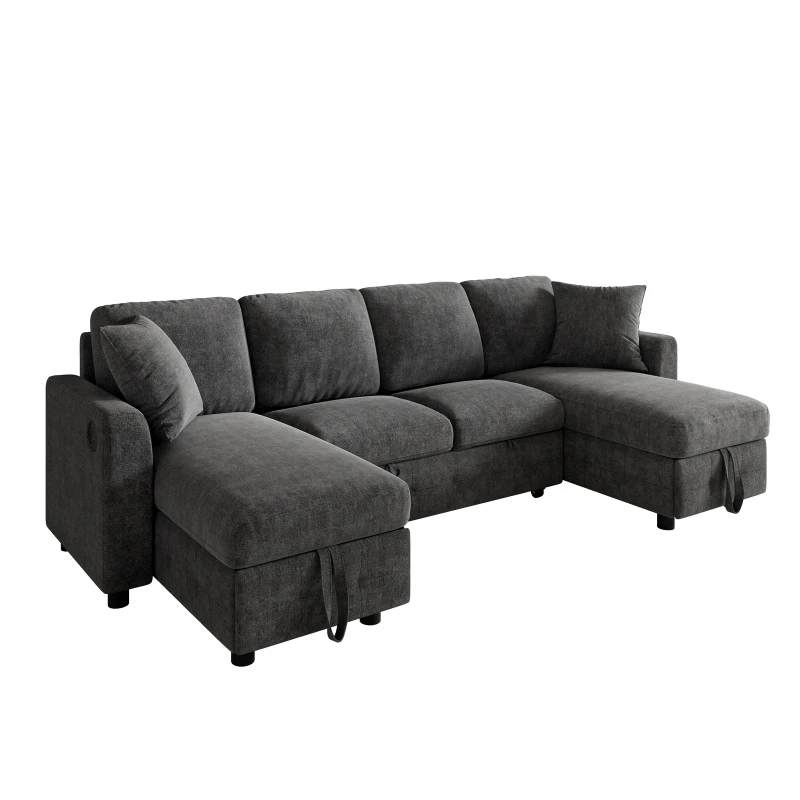 Modern U-Shaped Sectional Sofa with 2 Storage Chaise Lounges, Convertible Sleeper Couch with 2 Square Cushions, 260L x 128W x 82H cm, Gray