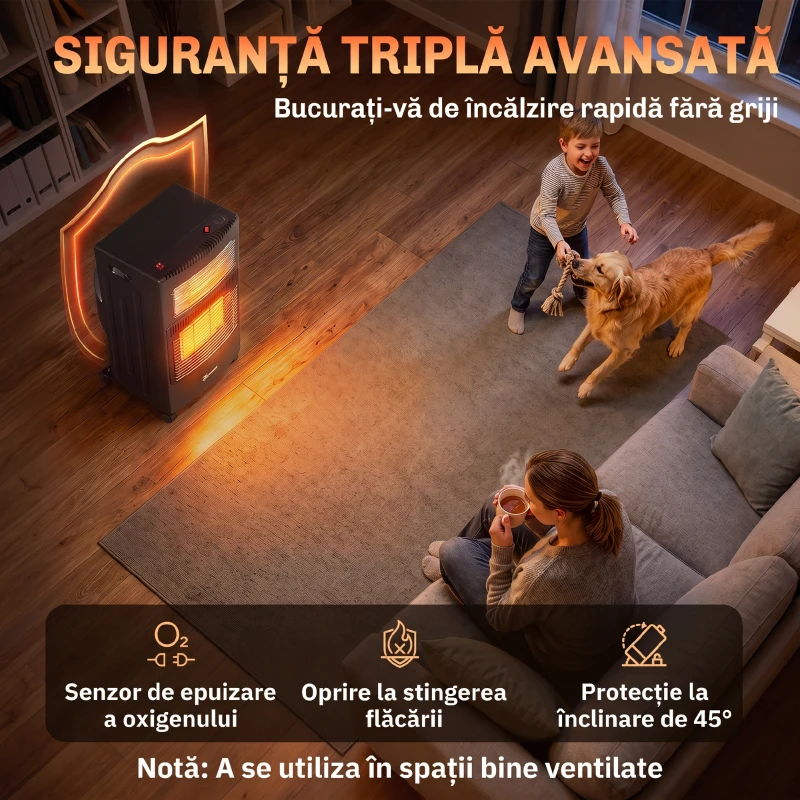 Outsunny Sobă pe gaz portabilă pliabilă 4,2 kW, neagră