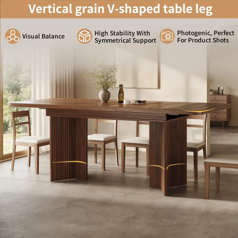 Extendable Dining Table with Grooved V-Shaped Legs, Space-Saving Dining Table for Flats and Family Meals, 120-160L x 80W x 76H cm, Walnut