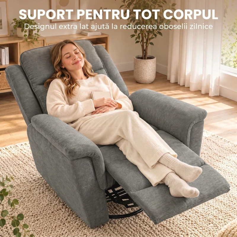HOMCOM Fotoliu Reclinabil Manual 155° cu Suport pentru Picioare, Rotativ 360°, pentru Living, Gri Deschis