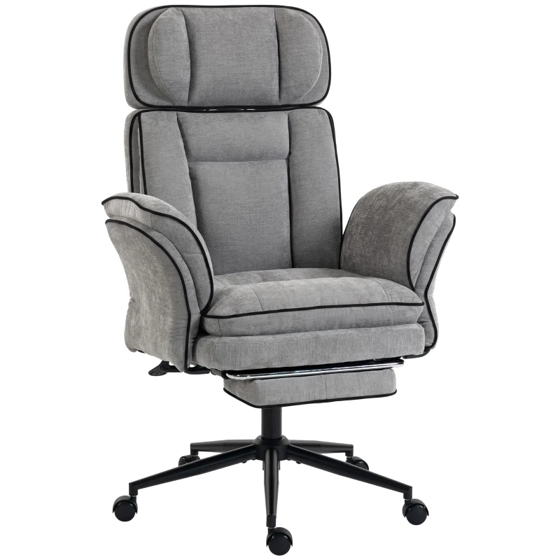 HOMCOM Silla de Escritorio con Reposapiés Reposabrazos Abatibles Respaldo Alto y Reclinable 145° Reposacabezas Ajustable Gris