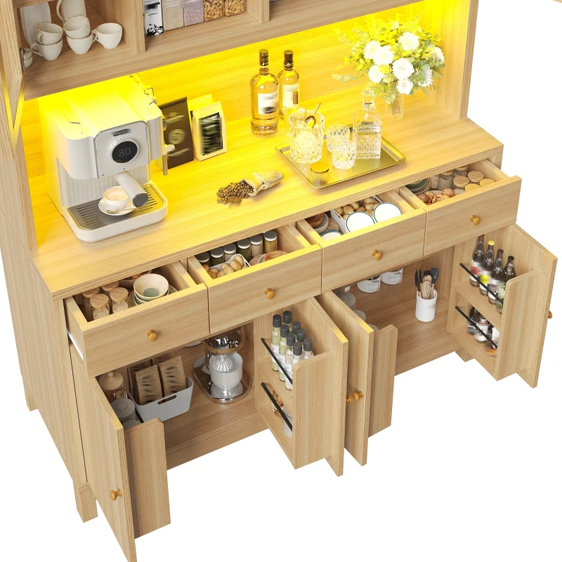 Modern Tall Buffet Cabinet with App-Controlled RGB LED, Versatile Storage Cabinet for Kitchen and Dining Room, 140L x 38.5W x 180H cm, Natural