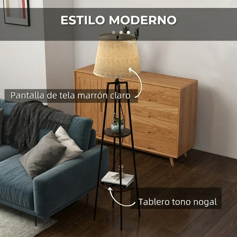 HOMCOM Lámpara de Pie con 2 Estantes de Almacenamiento con Base E27 40W Interruptor de Cadena Pantalla de Tela Marrón