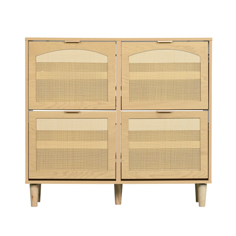 Rattan Narrow Shoe Cabinet with 4 Flip Drawers, Space-Saving Entryway Storage for Hallway, 100L x 25W x 90.5H cm, Light Oak