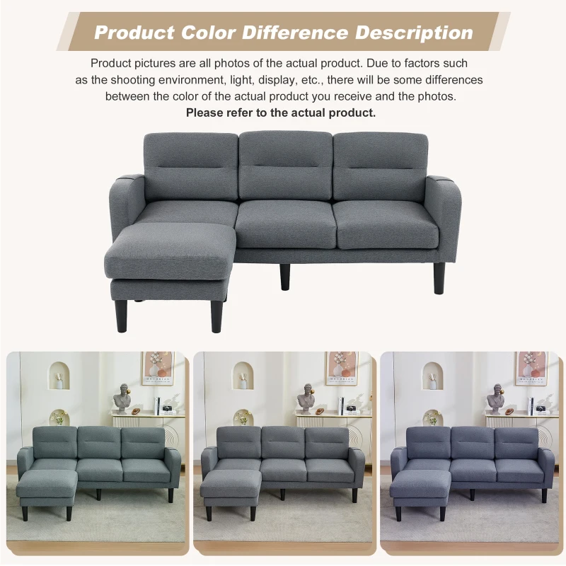L-Shaped Sectional Sofa with Movable Chaise and Storage Pockets, Modular 3-Seater Corner Sofa for Living Room, 204L × 136W × 80H cm, Grey