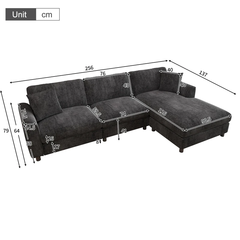 Modern L-Shaped Sectional Sofa with Reversible Chaise Lounge, Modular Corner Couch with Extra‑Wide Chaise Seat, 256L x 137W x 79H cm, Gray