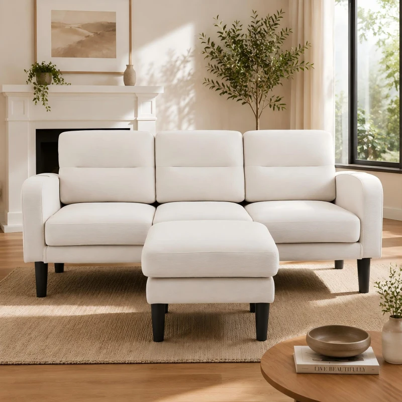 L-Shaped Sectional Sofa with Movable Chaise and Storage Pockets, Modern 3-Seater Corner Sofa for Living Room, 204L x 136W x 80H cm, Beige