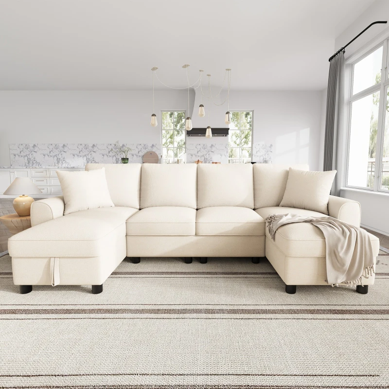 Modern Chenille U-Shaped Sectional Sofa with 2 Storage Chaise Lounges, Soft Convertible Couch with 2 Square Cushions, 272L x 131.5W x 84H cm, Beige