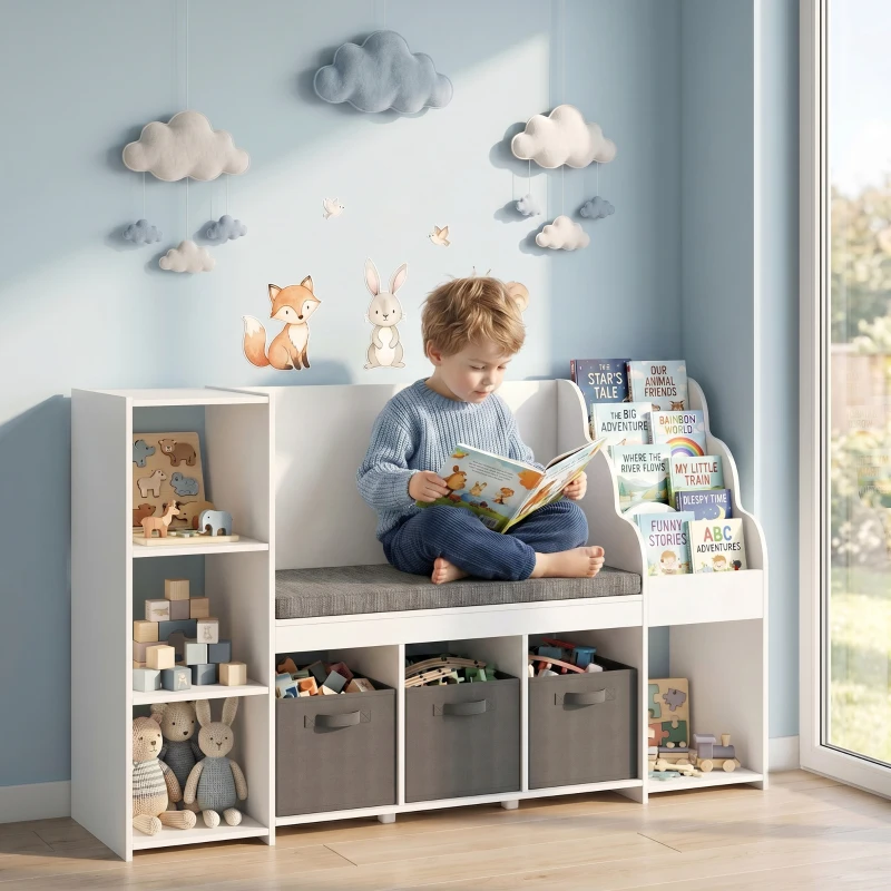 AIYAPLAY Estantería Infantil Juguetes con Rincón de Lectura Cojín 3 Cajones de Tela 3 Estantes 4 Cubículos 137x40x80 cm Blanco y Gris
