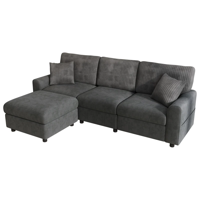 Modern Upholstered Sectional Sofa with USB Type-C Charging Ports, Soft Convertible Couch with 2 square cushions, 223L x 146W x 84H cm, Dark Grey
