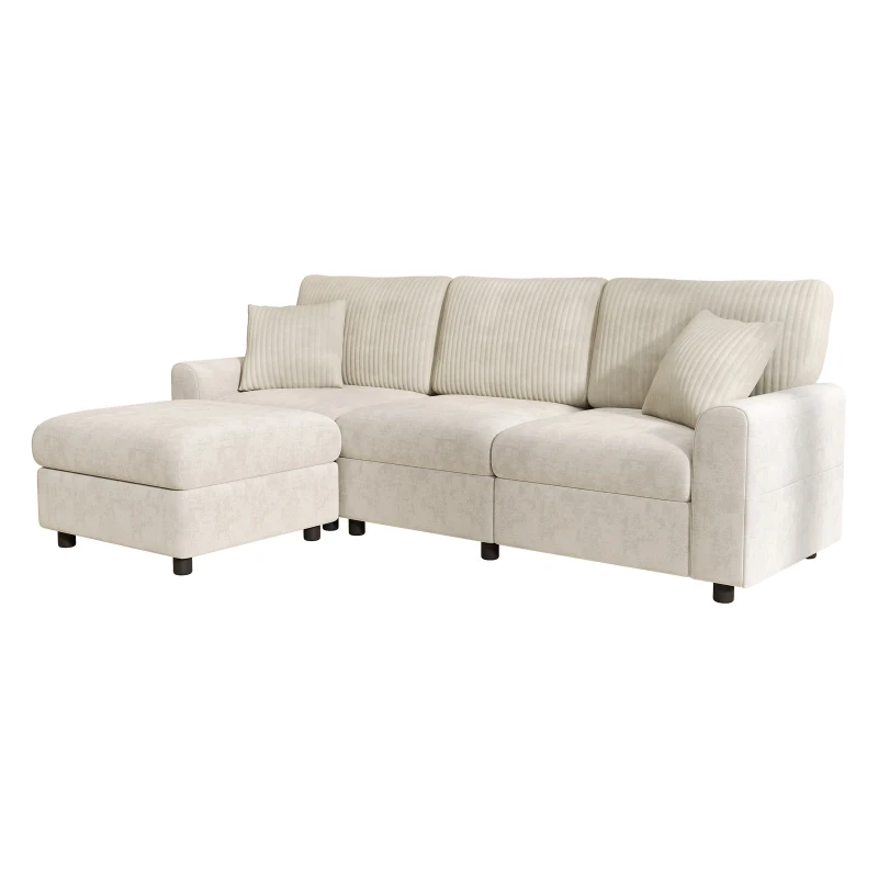 Modern Upholstered Sectional Sofa with USB Type-C Charging Ports, Soft Convertible Couch with 2 square cushions, 223L x 146W x 84H cm, Beige