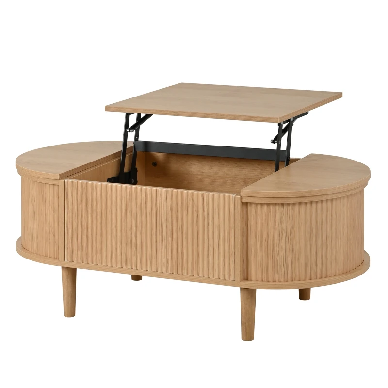Oval Height-Adjustable Coffee Table with Flip-Top Storage, Vintage-Style Accent Table for Apartments, 100L x 48W x 53.5H cm, Walnut