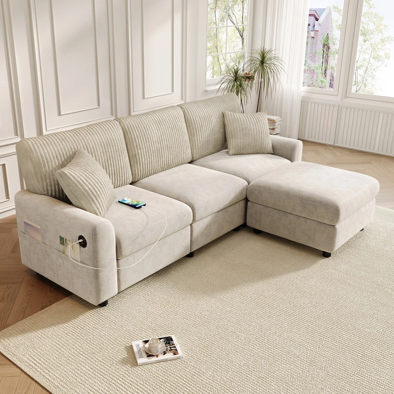 Modern Upholstered Sectional Sofa with USB Type-C Charging Ports, Soft Convertible Couch with 2 square cushions, 223L x 146W x 84H cm, Beige