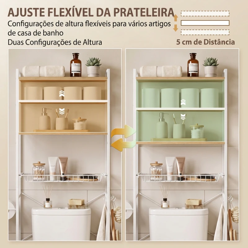 HOMCOM Móvel sobre a Sanita com 3 Níveis, Porta-Rolos, Prateleiras Ajustáveis, Cesto Extraível e Ganchos, Carvalho